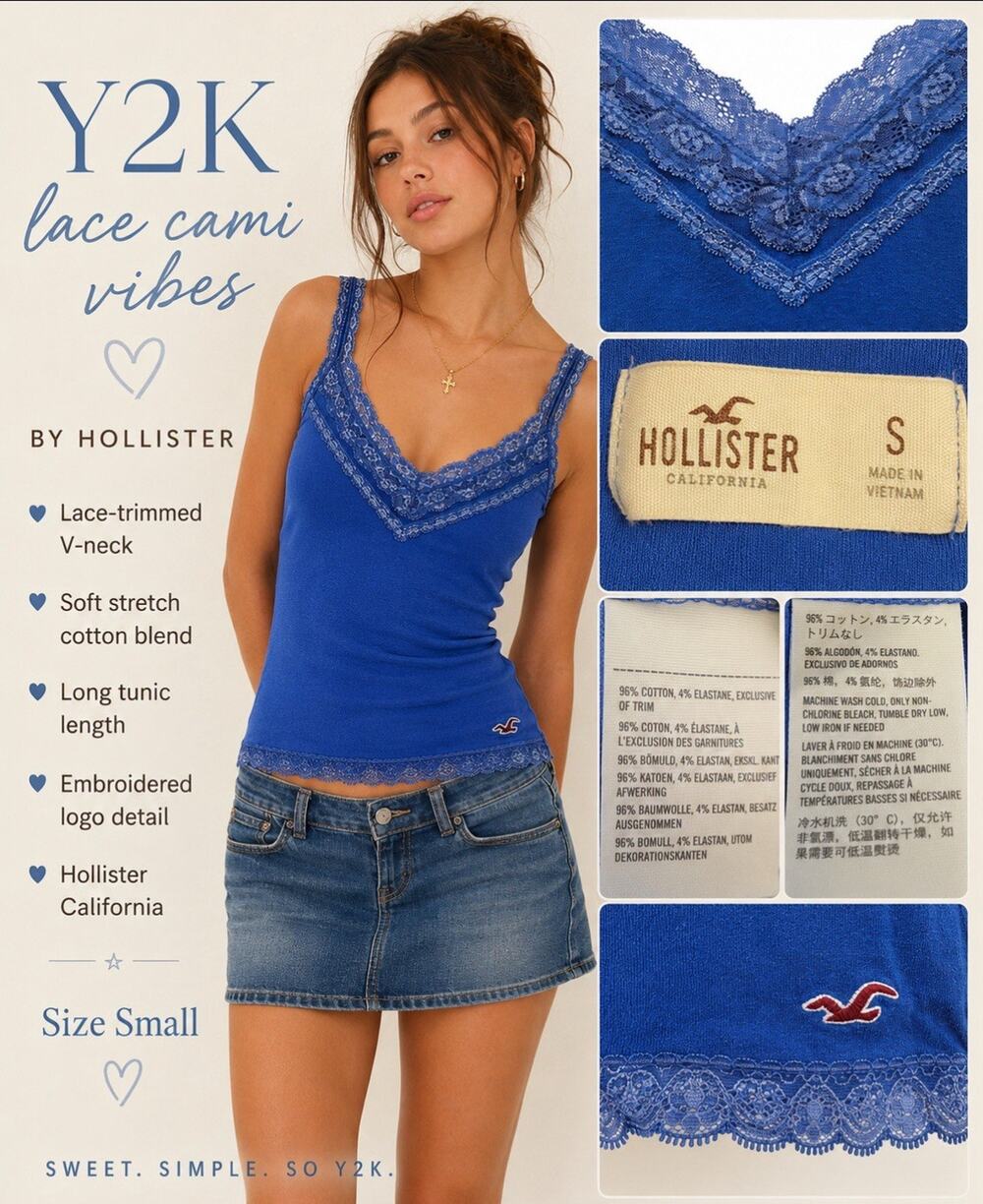 Y2K Indie Sleaze Layering Hollister Lace Trim Cami Tank Size S Royal Blue Cotton